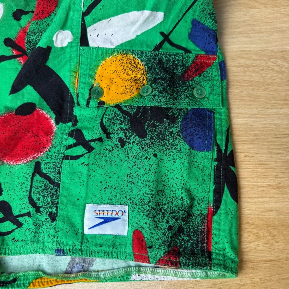 VTG Speedo Green Abstract Print Swim Trunks Mens XL Cargo Pocket Funky Pop Art